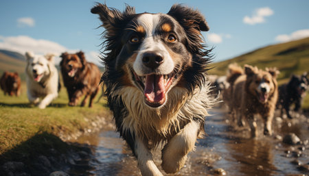 Cute puppy running in the meadow, enjoying the outdoors generated by artificial intelligenceの素材