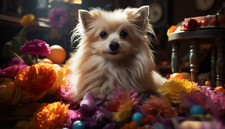 Cute puppy sitting on table, looking at camera, surrounded by flowers generated by artificial intelligenceの素材