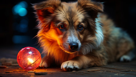Cute puppy sitting outdoors, looking at camera, surrounded by toys generated by artificial intelligenceの素材