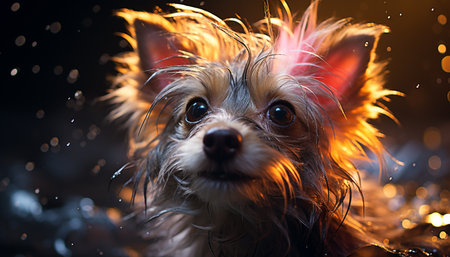 Cute puppy sitting outdoors, wet fur, looking at camera generated by artificial intelligenceの素材