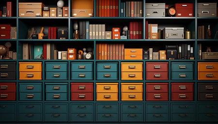 Large collection of books in a modern library shelf generated by artificial intelligenceの素材
