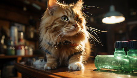 Cute kitten sitting on table, looking at camera, fluffy fur generated by artificial intelligenceの素材