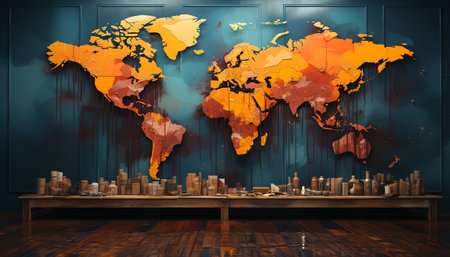 Abstract world map on dark wood flooring, illuminated by blue backdrop generated by artificial intelligenceの素材