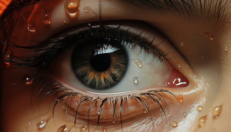 A woman eye, staring, reflecting a multi colored futuristic pattern generated by artificial intelligenceの素材
