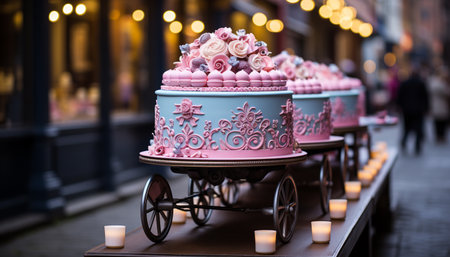 Luxury wedding cake, elegant decoration, gourmet dessert, sweet indulgence generated by artificial intelligenceの素材