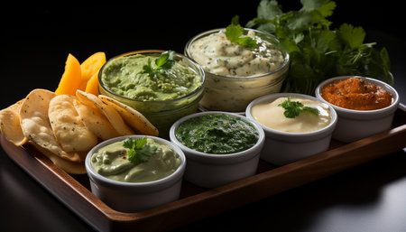 Fresh guacamole dip, a savory gourmet appetizer with healthy ingredients generated by artificial intelligenceの素材