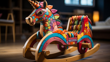 Child playing with a cute, colorful rocking horse indoors generated by artificial intelligenceの素材