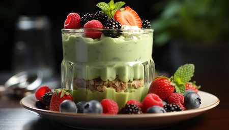 Healthy eating Fresh berry fruit parfait with Greek yogurt and granola generated by artificial intelligenceの素材