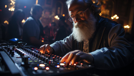 One man, illuminated stage, musician playing, senior men celebrating generated by artificial intelligenceの素材