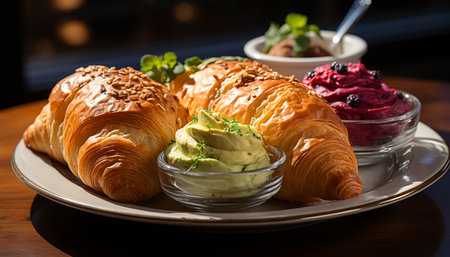 Fresh croissant on wooden plate, ready to eat French indulgence generated by artificial intelligenceの素材