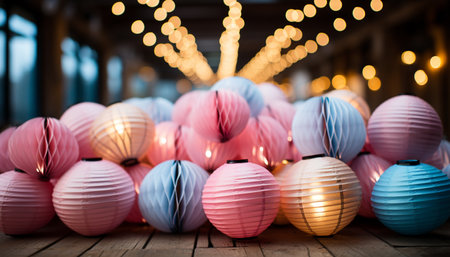 Bright, multi colored balloons illuminate the dark nightclub, creating a vibrant celebration generated by artificial intelligenceの素材