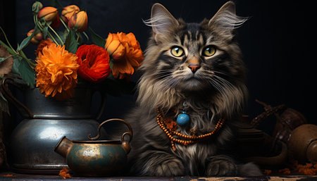 Cute kitten sitting on table, looking at camera, indoors generated by artificial intelligenceの素材