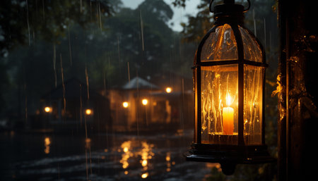 Glowing lantern illuminates tranquil autumn night, rustic decoration generated by artificial intelligenceの素材