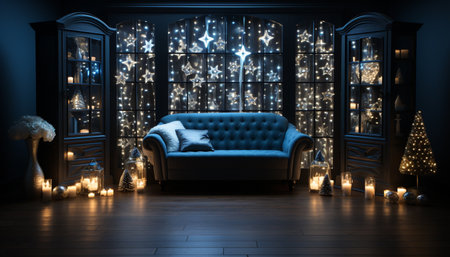 Cozy winter night in modern apartment, illuminated by Christmas tree generated by artificial intelligenceの素材