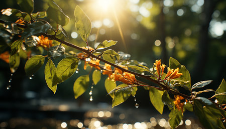 Vibrant autumn leaves illuminate the forest in a golden glow generated by artificial intelligenceの素材