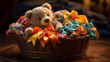 Cute toy teddy bear sitting in homemade wicker gift basket generated by artificial intelligenceの素材