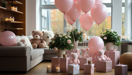 Cute teddy bear on sofa, surrounded by colorful balloons generated by artificial intelligenceの素材