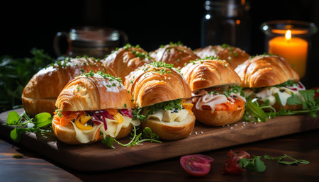 Grilled beef sandwich on ciabatta, fresh salad, homemade gourmet generated by artificial intelligenceの素材