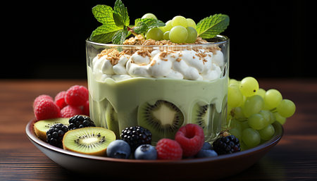 Healthy eating Fresh fruit bowl with yogurt, granola, and berries generated by artificial intelligenceの素材