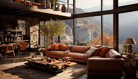 Modern wood table and sofa in elegant living room generated by artificial intelligenceの素材