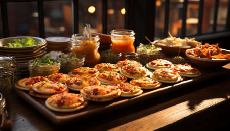 Freshness and variety on a rustic homemade buffet table generated by artificial intelligenceの素材