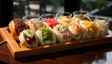 Freshness on plate gourmet meal, healthy eating, seafood, vegetables generated by artificial intelligenceの素材