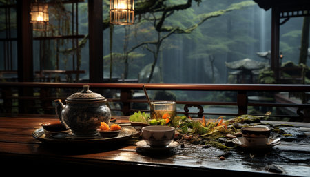 Hot drink in teapot on wooden table in nature generated by artificial intelligenceの素材