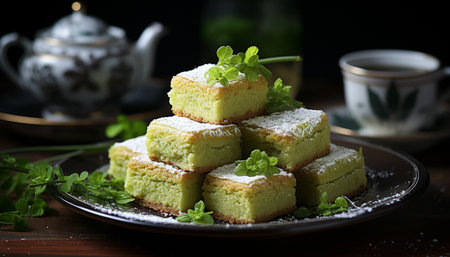 Fresh homemade dessert on a wooden plate, sweet and healthy generated by artificial intelligenceの素材