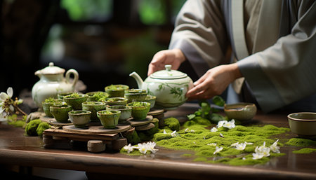 A hand holds a green tea cup, embracing relaxation generated by artificial intelligenceの素材