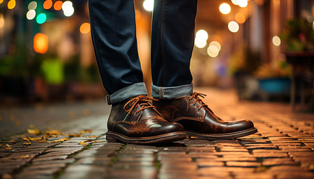 A stylish businessman walking outdoors in shiny leather shoes generated by artificial intelligenceの素材