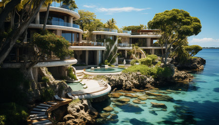 Tropical paradise blue water, green trees, luxury relaxation generated by artificial intelligenceの素材