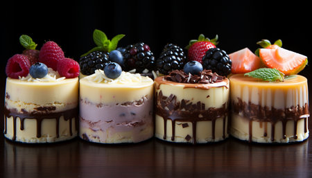 A gourmet dessert chocolate cheesecake with raspberry mousse and fresh fruit generated by artificial intelligenceの素材