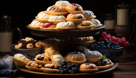 Freshly baked homemade gourmet cupcakes with chocolate and blueberry icing generated by artificial intelligenceの素材