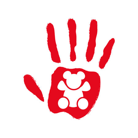 red hand day illustration of red hands with teddy bearのイラスト素材