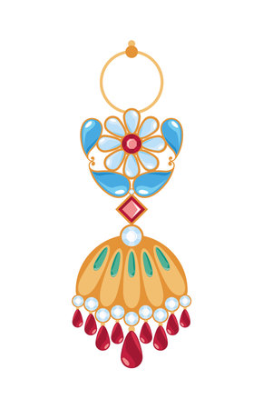 Indian Jewelry Hanging Earring Gem Ornament Floral Red Drop Gold Vector Designのイラスト素材