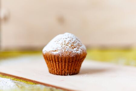 homemade cake muffin dusted with powder on a light background