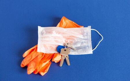 Protection disease. Medical respirator bandage, Electronic thermometer and lab gloves - Virus...