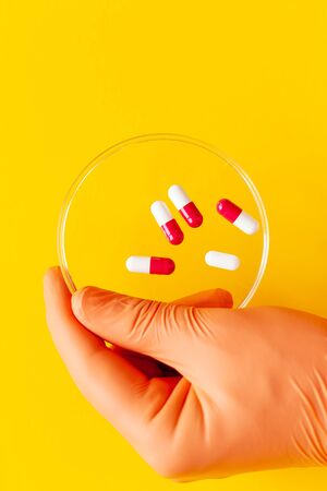 hand in a medical glove holds a petri dish with pills, Closeup of pharmacist holding handful of colorful pillsの写真素材