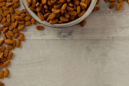 bowl with pet food close-up top view, free space for text, wooden backgroundの写真素材
