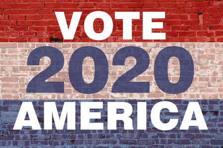 2020 america vote election graphic with red white blue colors text stripes over vintage brick wall...