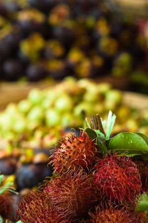 selection of rambutan, snow pears and mangosteen fruitsの写真素材