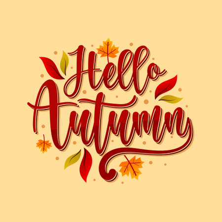Hello autumn lettering with drawn leaves and flowers.のイラスト素材