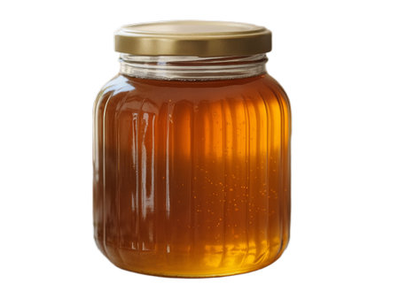 A delectable image of golden honey in a glass jar, perfect for food blogs, packaging, or culinary websites.  This transparent PNG file features a pristine white background, showcasing the honey's rich amber hue and viscous texture.  Its high-resolution detail and transparency make it ideal for diverse design projects.の写真素材