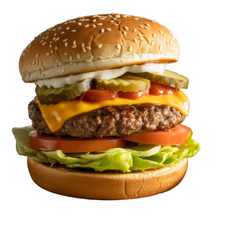 A mouthwatering close-up shot of a juicy cheeseburger featuring a perfectly grilled beef patty, melted cheese, crisp lettuce, ripe tomato, crunchy pickles, and creamy mayonnaise, all nestled in a sesame seed bun.  This high-resolution transparent PNG image is perfect for menus, websites, and advertising, offering vibrant color and detail against any background.の写真素材