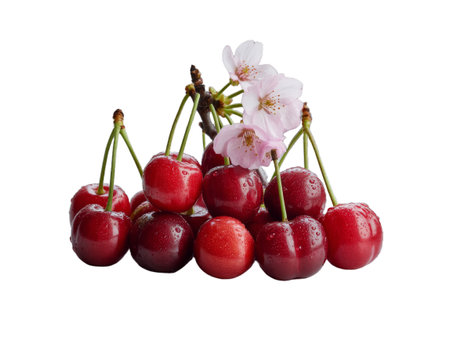 Vibrant red cherries and delicate pink blossoms, captured in a close-up macro shot.  This fresh,...