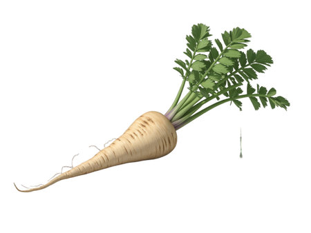 A vibrant, fresh parsnip root vegetable with lush green tops, isolated on a white background. This high-resolution, transparent PNG image is perfect for culinary websites, recipe blogs, health and wellness publications, and various design projects thanks to its clean background. Ideal for showcasing healthy eating, organic produce, and farm-fresh ingredients.の写真素材