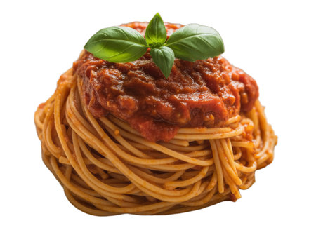 A mouthwatering image of spaghetti with rich marinara sauce and fresh basil.  This high-resolution, transparent PNG file is perfect for menus, recipe websites, food blogs, and various design projects, thanks to its clean white background. The appetizing presentation makes it ideal for showcasing Italian cuisine and promoting delicious, home-cooked meals.の写真素材