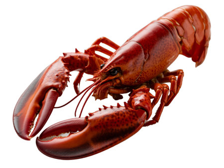 A vibrant, fresh red lobster isolated on a white background. This high-resolution transparent PNG image showcases the intricate details of the lobster, perfect for menus, culinary websites, food blogs, and various design projects. Its transparency ensures seamless integration into any background.の写真素材