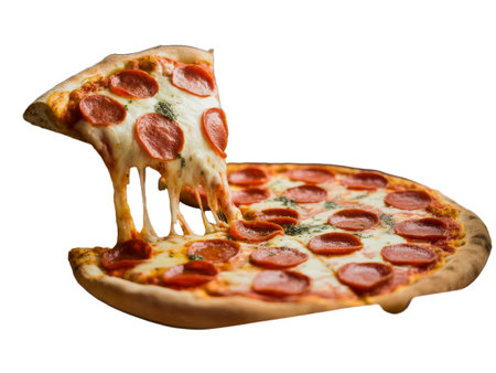 A mouthwatering close-up shot of a pepperoni pizza slice with a delightful cheese pull, showcasing melted mozzarella, tomato sauce, and spicy pepperoni.  This high-resolution, transparent PNG image is perfect for menus, websites, food blogs, and advertising, thanks to its clean white background and versatility.の写真素材
