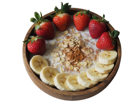 A vibrant overhead shot of a delicious and healthy oatmeal breakfast bowl. Featuring fresh...